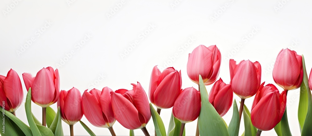 Poster A close up image of a bunch of red tulips isolated on a white background creating a spring flowers banner The photo concept features the beauty of the tulips with copy space available