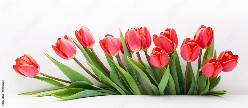 Poster A close up image of a bunch of red tulips isolated on a white background creating a spring flowers banner The photo concept features the beauty of the tulips with copy space available