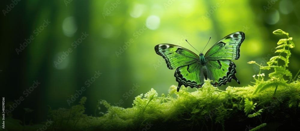 Poster A butterfly with vibrant green surroundings in a nature inspired wildlife scene Perfect for copying space images. with copy space image. Place for adding text or design