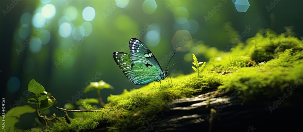 Poster A butterfly with vibrant green surroundings in a nature inspired wildlife scene Perfect for copying space images. with copy space image. Place for adding text or design