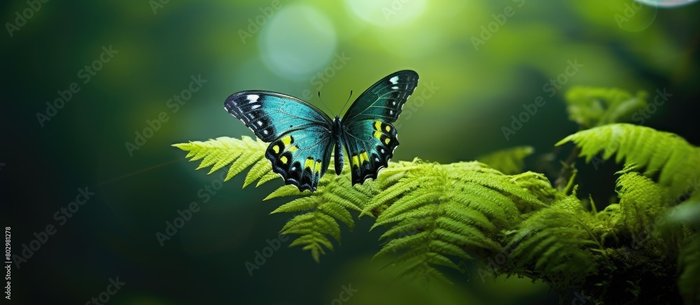 Poster A butterfly with vibrant green surroundings in a nature inspired wildlife scene Perfect for copying space images. with copy space image. Place for adding text or design