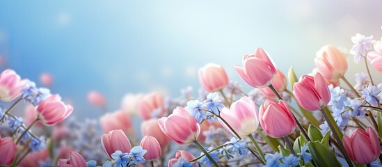 A beautiful arrangement of pink tulips with a backdrop of forget me nots. with copy space image. Place for adding text or design - Powered by Adobe