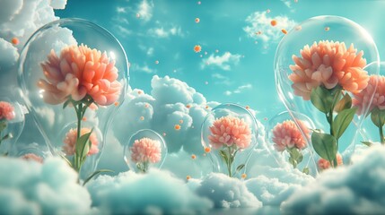 A digital garden with clouds as flowers, each encased in a bubble of cybersecurity measures.