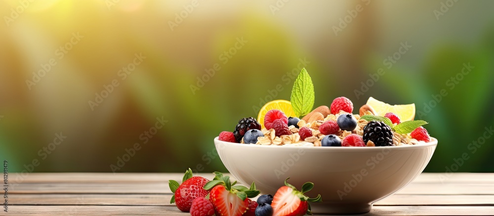 Poster A bowl of muesli topped with a variety of fresh fruits. with copy space image. Place for adding text or design