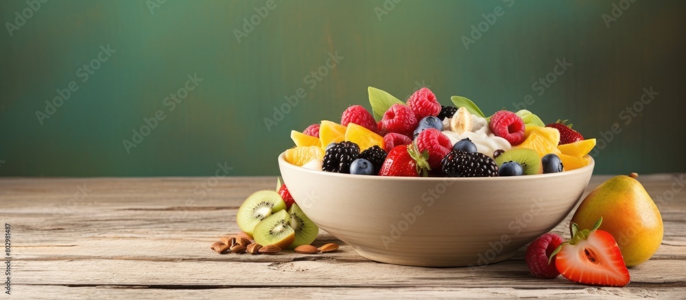 Poster a bowl of muesli topped with a variety of fresh fruits. with copy space image. place for adding text