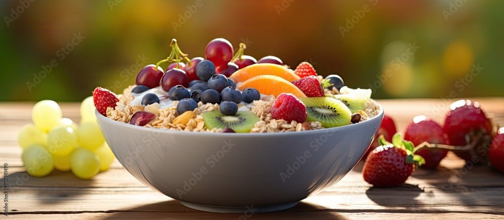 Poster A bowl of muesli topped with a variety of fresh fruits. with copy space image. Place for adding text or design