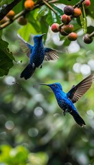 Obraz premium Graceful hummingbirds in flight, aiming for vibrant flower nectar in a stunning display