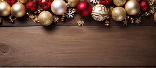 A festive Christmas arrangement of gift baubles stars bells snowflakes and branches viewed from above with a background that allows plenty of room for your text The image is presented in a flat lay s