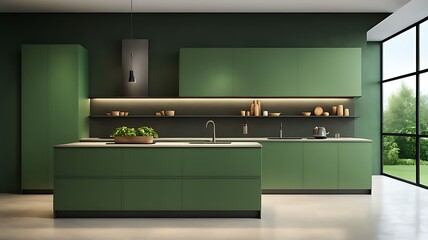  Modern kitchen and dining room on empty green wall background- 3D rendering 