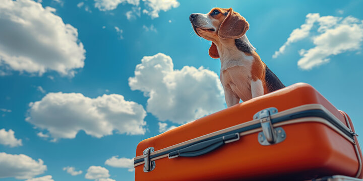 Adventurous beagle on an orange suitcase under a cloudy sky, spirit of adventure, travel and exploration.