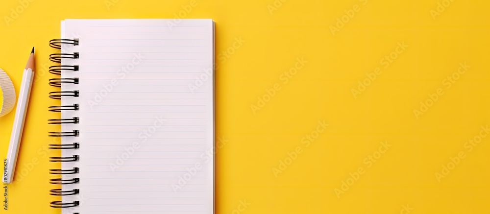 Aufkleber A copy space image open notebook with pen on a yellow background accompanied by school notebooks with a spiral spring and an office notepad in a flat lay
