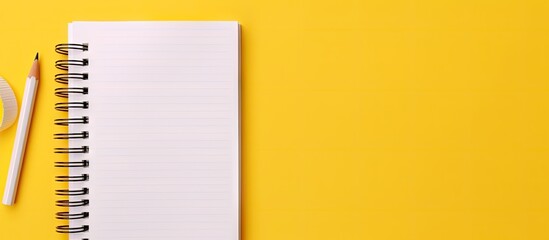 A copy space image open notebook with pen on a yellow background accompanied by school notebooks with a spiral spring and an office notepad in a flat lay