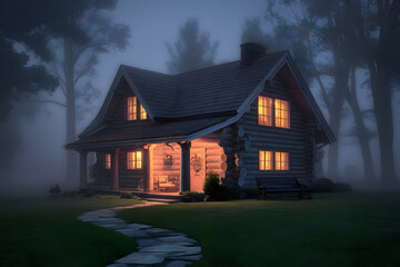 Cozy Wooden Cabin Illuminated at Night in a Misty Setting