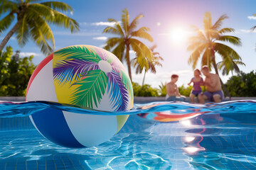 Tropical Paradise with Beach Ball on Pool Overlooking Serene Beach