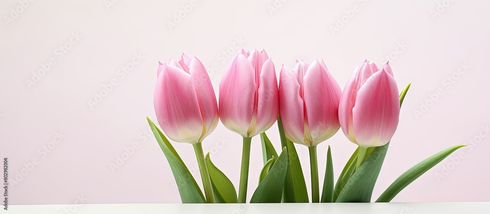 Poster a close up image of three pink tulips with beautiful petals arranged in a bouquet on a white table i