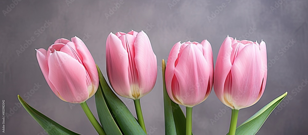 Poster a close up image of three pink tulips with beautiful petals arranged in a bouquet on a white table i