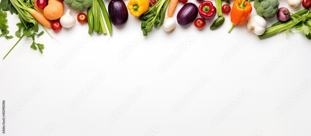 Poster a copy space image showcasing a variety of vegetables arranged in a scattered manner observed from a