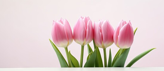 A close up image of three pink tulips with beautiful petals arranged in a bouquet on a white table ideal for Valentine s Day These Dutch tulips serve as a stunning and eye catching copy space image