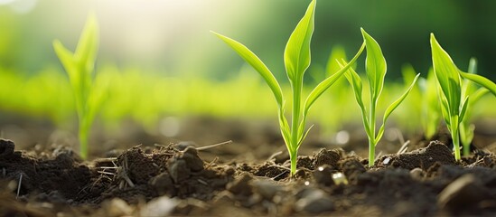 A close up view of corn seedlings growing in a field with ample copy space for images