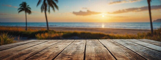  long wooden table with beach landscape blur background