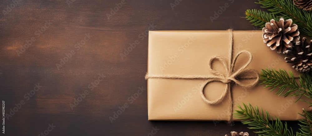 Fototapete a brown paper with a gift tag and a fir branch accompanied by a cone make for a festive christmas an