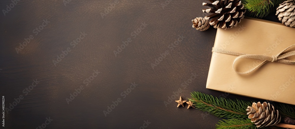 Aufkleber A brown paper with a gift tag and a fir branch accompanied by a cone make for a festive Christmas and New Year background offering a potential space for additional text or images