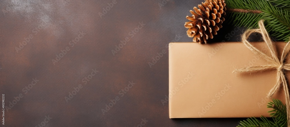Aufkleber A brown paper with a gift tag and a fir branch accompanied by a cone make for a festive Christmas and New Year background offering a potential space for additional text or images