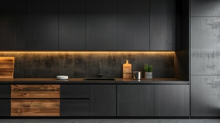 Closeup simple kitchen interior with empty counter top in black color. AI generated image