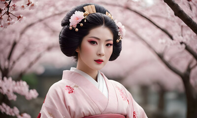 Elegant Geisha in Traditional Attire with Cherry Blossoms in Spring