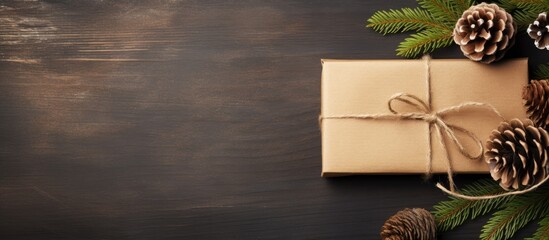 A brown paper with a gift tag and a fir branch accompanied by a cone make for a festive Christmas and New Year background offering a potential space for additional text or images