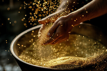 Human hands pouring gold sand - symbol of wealth and richness