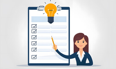 Businesswoman Completing a Survey with Lightbulb Pencil, Feedback and Evaluation Concept