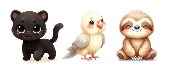 Cute Safari Friends. Panther, Parrot, Sloth. Watercolor Illustration. Isolated on white background. Generative AI.