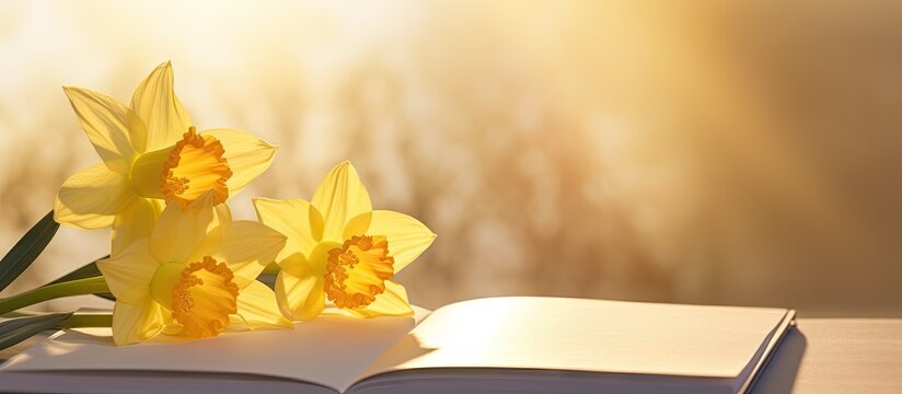 A designer postcard featuring a copy space image of two yellow daffodils illuminated by the sun s rays on an open notebook