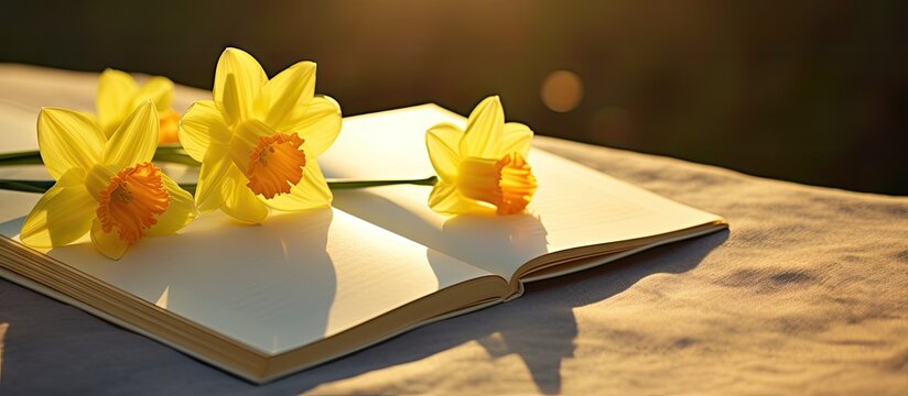 A designer postcard featuring a copy space image of two yellow daffodils illuminated by the sun s rays on an open notebook