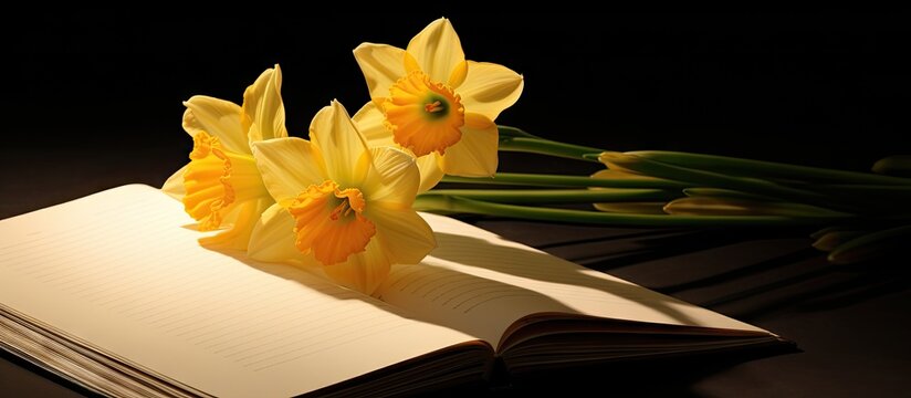 A designer postcard featuring a copy space image of two yellow daffodils illuminated by the sun s rays on an open notebook