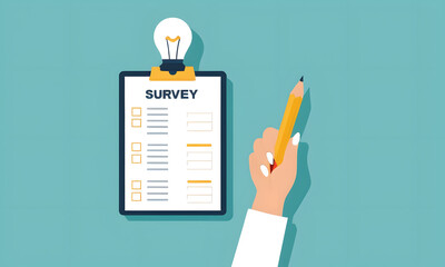 Vector Illustration of Business Survey Completion with Lightbulb Pencil, Feedback Collection Concept