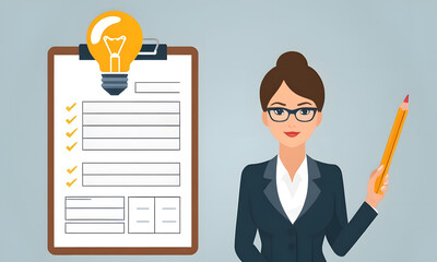 Businesswoman Completing a Survey with Lightbulb Pencil, Feedback and Evaluation Concept