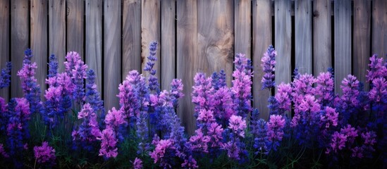 A blue wood fenced raised bed filled with beautiful blooming purple Lavender flowers creating a picturesque copy space image