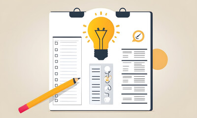 Vector Illustration of Business Survey Completion with Lightbulb Pencil, Feedback Collection Concept