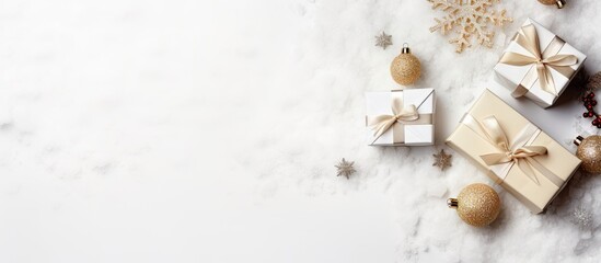 A festive Christmas greeting card with handmade gift boxes arranged beautifully on a crumpled white background The top view showcases the winter xmas holiday theme creating a cheerful atmosphere for