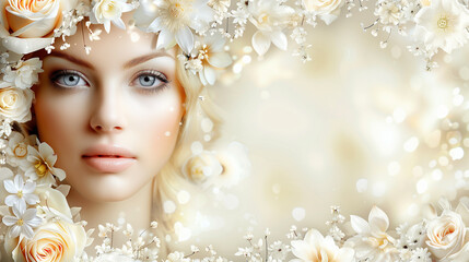 spring theme, charming girl, spring landscape, healthy hair, invitation to visit beauty salons