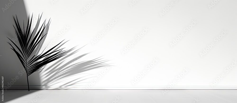 Poster A black and white abstract shadow of a palm leaf is projected onto a white wall providing a background with blank copy space