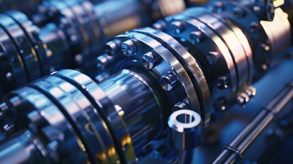 Fototapeta premium Pipeline valves section close-up. Technological background for the gas, oil or pipe industry.