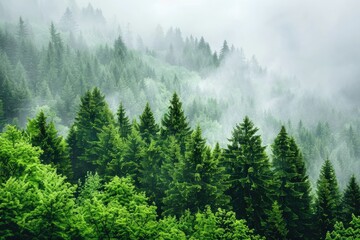 Horizontal landscape green trees in the fog.