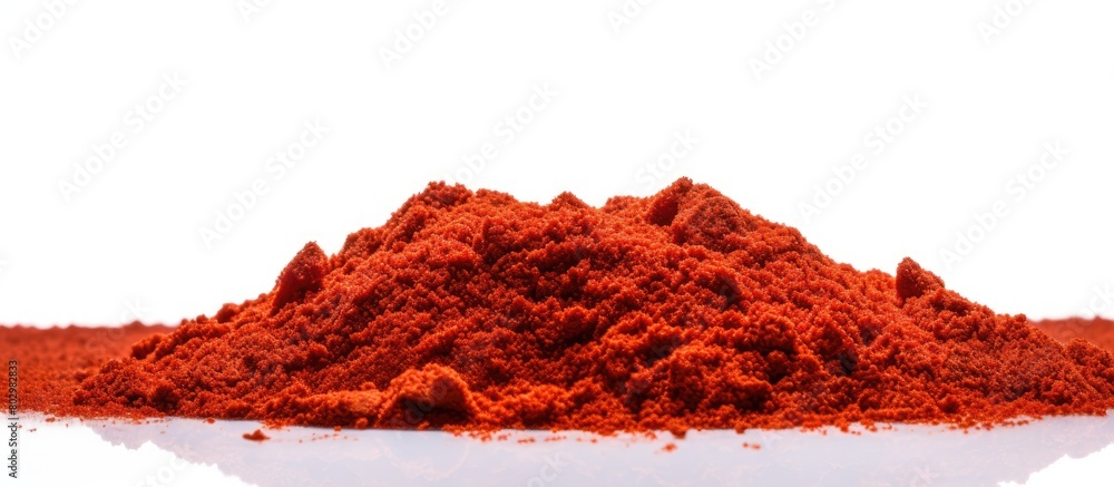 Poster A close up image of ground red pepper isolated on a white background with ample space for text or images The image represents a concept related to packaging spices and herbs