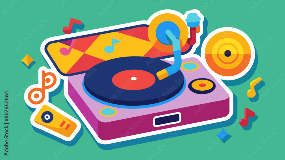 Poster vibrant stickers with musicinspired designs adorn the outer shell of the record player adding a pers