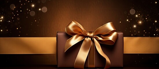 A copy space image with a rich deep brown background adorned with a gilded ribbon showcasing a gift