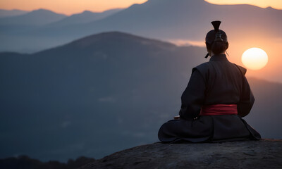 Samurai Meditating on a Mountain at Sunset