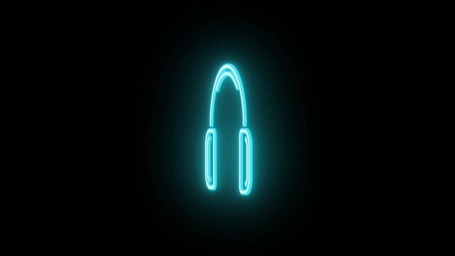 Neon headphones sign animation, rotation around vertical axis. Glowing neon 3D headphones icon, looped spin. Dj earphones, game headset, listen music and podcast, playlist. Azure, blue, violet colors